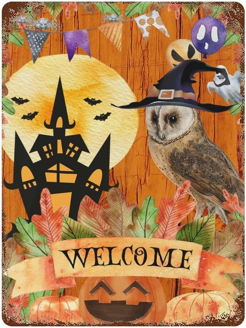 Outdoor Hunting House - ヴィンテージハロウィンメタルティンサイン ウェルカム パンプキン オウル ウィッチハット ハウスオーナメント用パーソナライズサイン