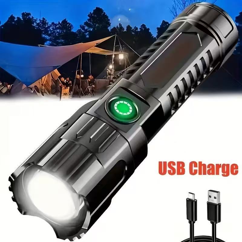 Outdoor Hunting And Fishing - 新型高出力LED懐中電灯 USB充電式トーチ ズーム機能付きライト 内蔵バッテリー キャンプ ハイキング