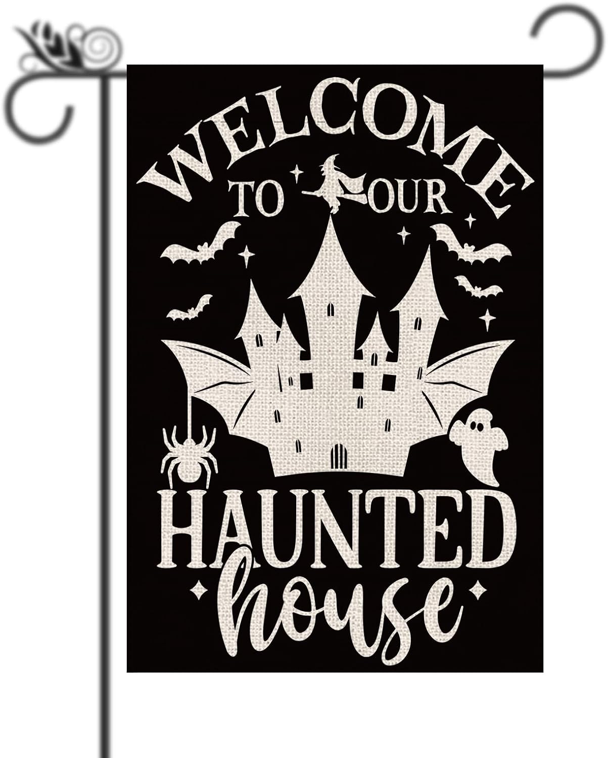 Outdoor Hunting House - ハロウィンガーデンフラッグ 面白い「私たちの家へようこそ」の文字が入った縦型両面フラッグ ホリデーファームハウスパティオヤード屋外用 UUN