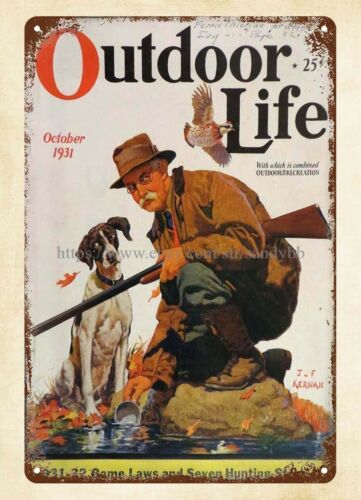 Outdoor Hunting House - 家の内装 1931年 OUTDOOR LIFE雑誌の表紙 ウズラ狩猟犬の金属製ブリキ看板
