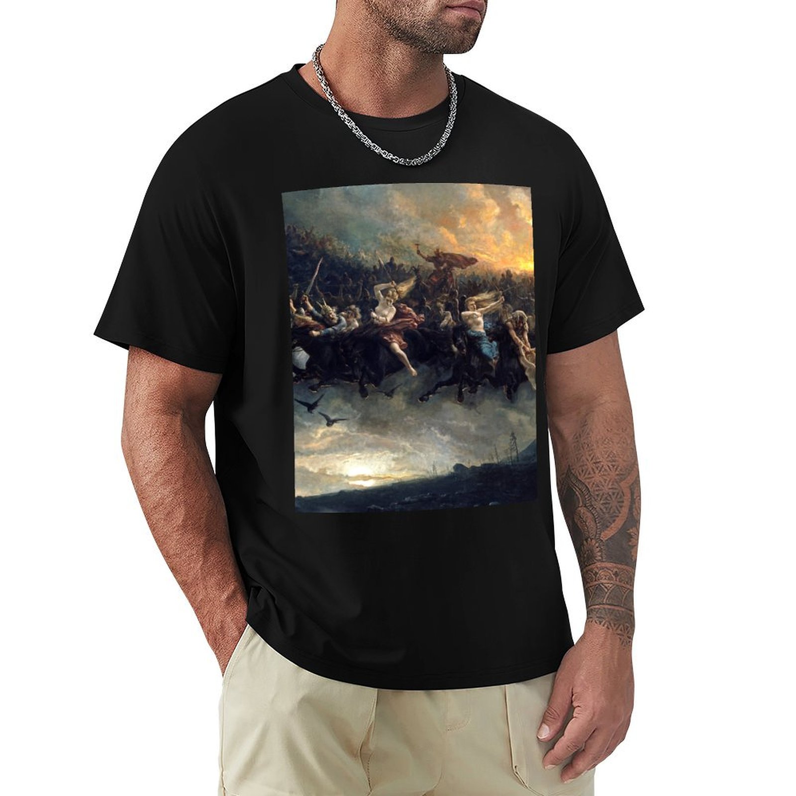 Wildman Hunting & Outdoor Robertson - オーディンの野生の狩り (1872年)、ペーター・ニコライ・アルボによる神話画 Tシャツ ソフトで耐久性のあるコットンTシャツ